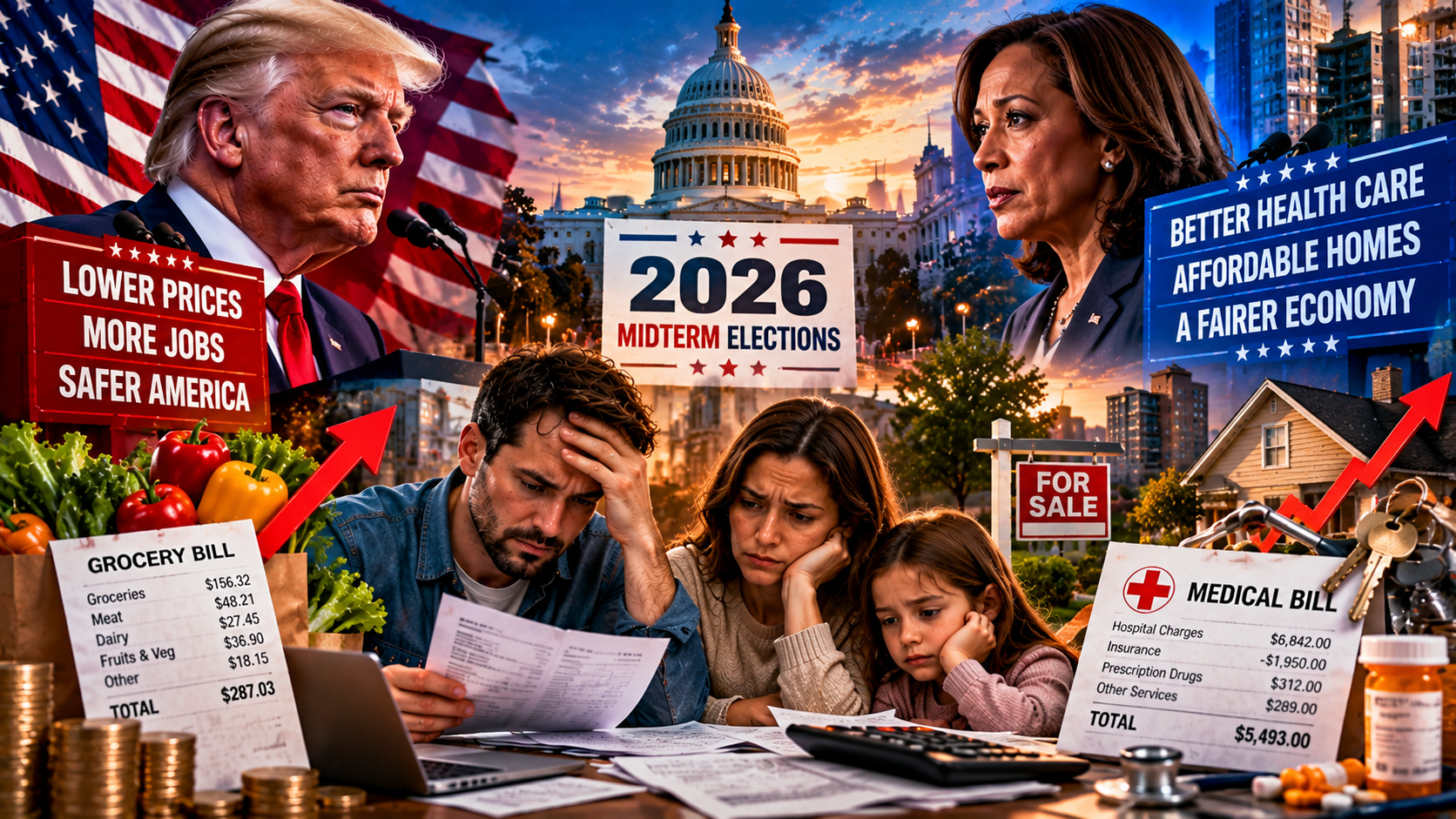Editorial illustration of an American family reviewing household bills alongside groceries, housing imagery and health insurance paperwork