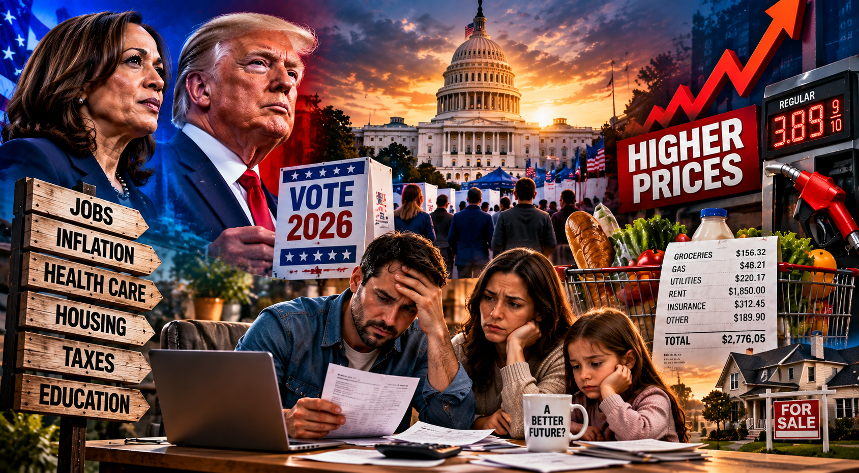 Editorial thumbnail for the 2026 U.S. midterms showing the Capitol, Democratic and Republican symbols, a ballot, a worried family, groceries and rising-cost imagery