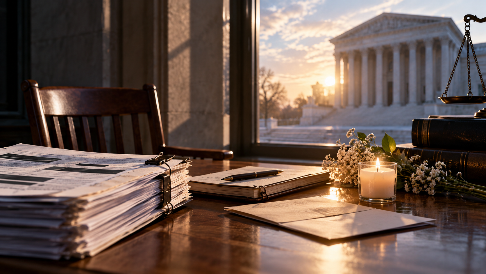 Quiet desk with redacted documents, a candle, white flowers and courthouse in the background, symbolising survivor privacy and the search for justice