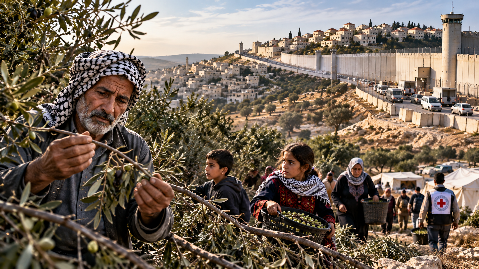 AI-generated editorial illustration contrasting Israel’s election process with Palestinian families experiencing displacement and humanitarian hardship