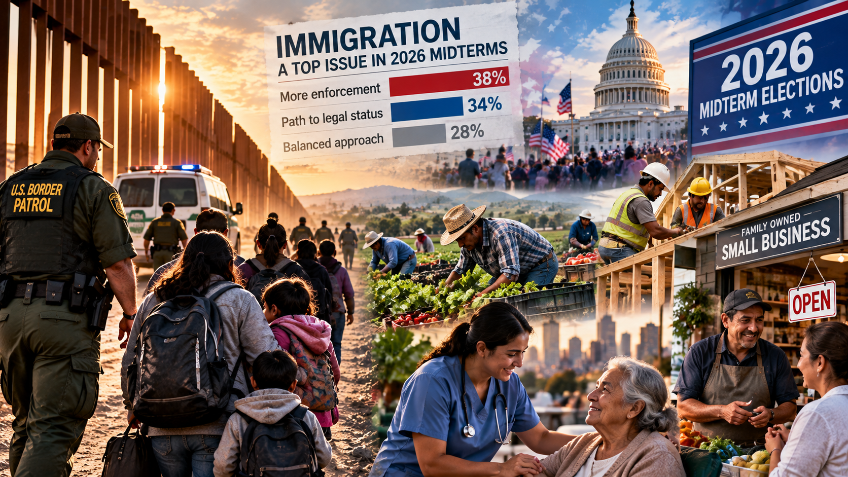 Editorial illustration of a family near a U.S.-Mexico border fence with a distant courthouse and American flag, representing immigration policy and human consequences