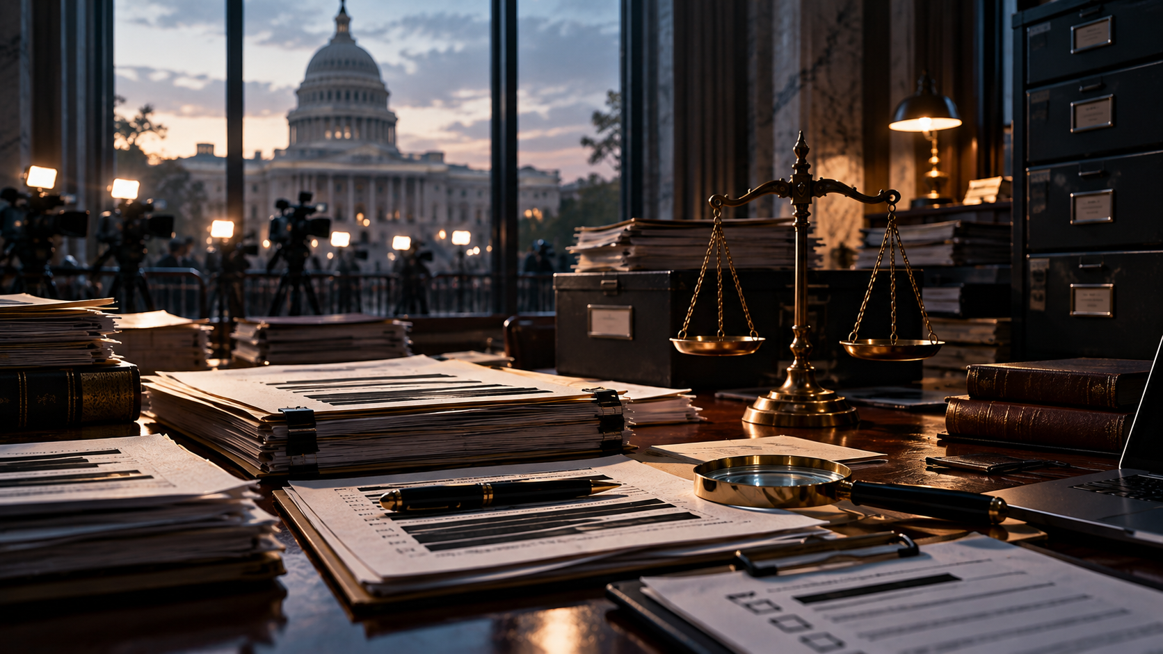 Symbolic records archive with redacted documents, a magnifying glass and balance scales before a government building
