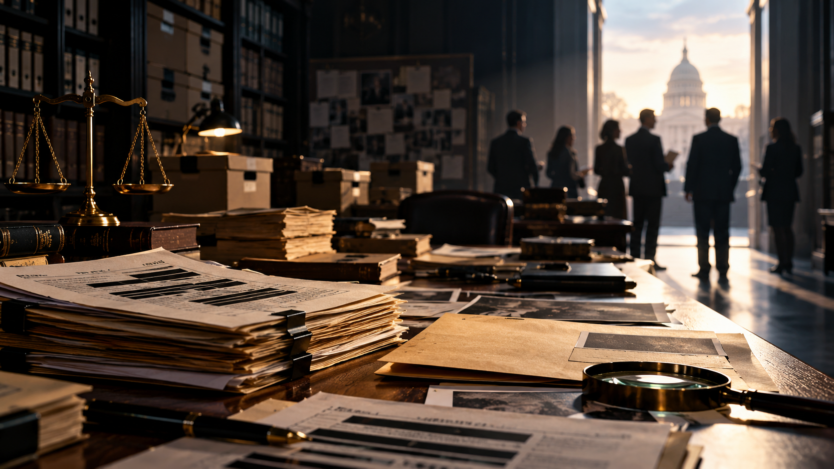 Investigative legal workspace with redacted documents, archival boxes, a magnifying glass and anonymous silhouettes in the distance