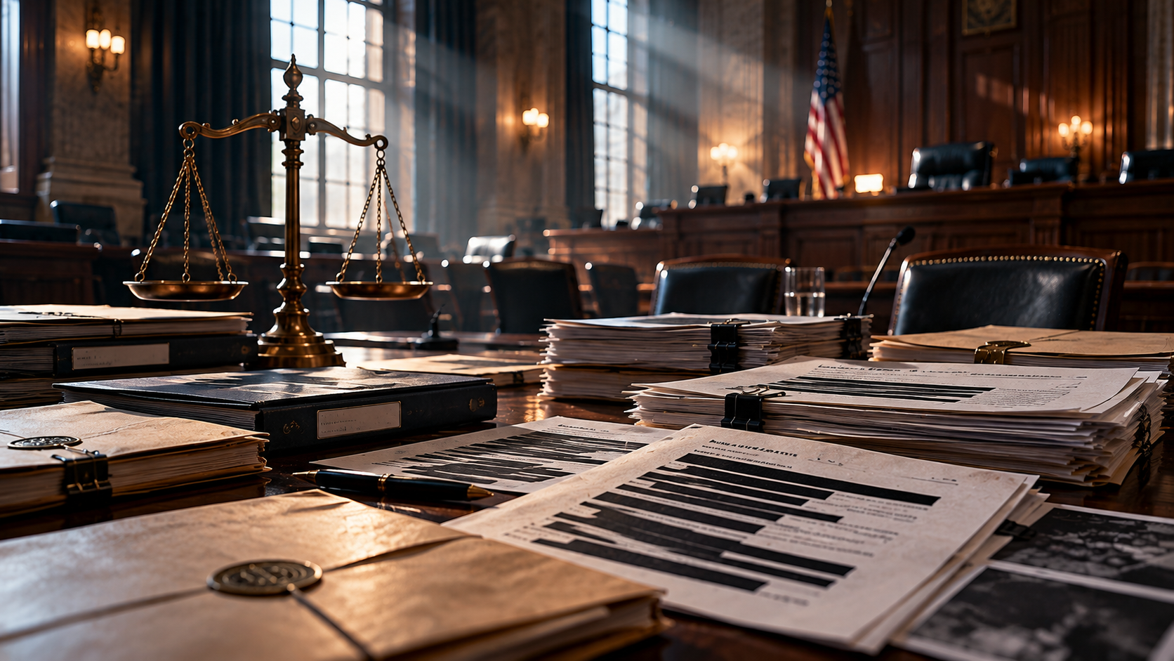 Symbolic courtroom table with redacted files and a justice scale representing the debate over Epstein records and public accountability