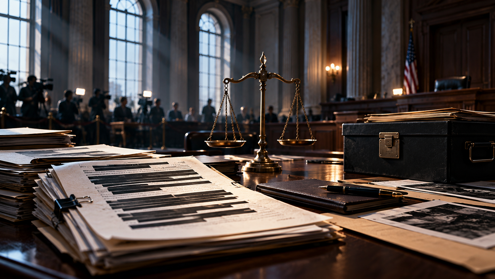 Symbolic courtroom scene with redacted documents and scales of justice representing the search for accountability in the Epstein case