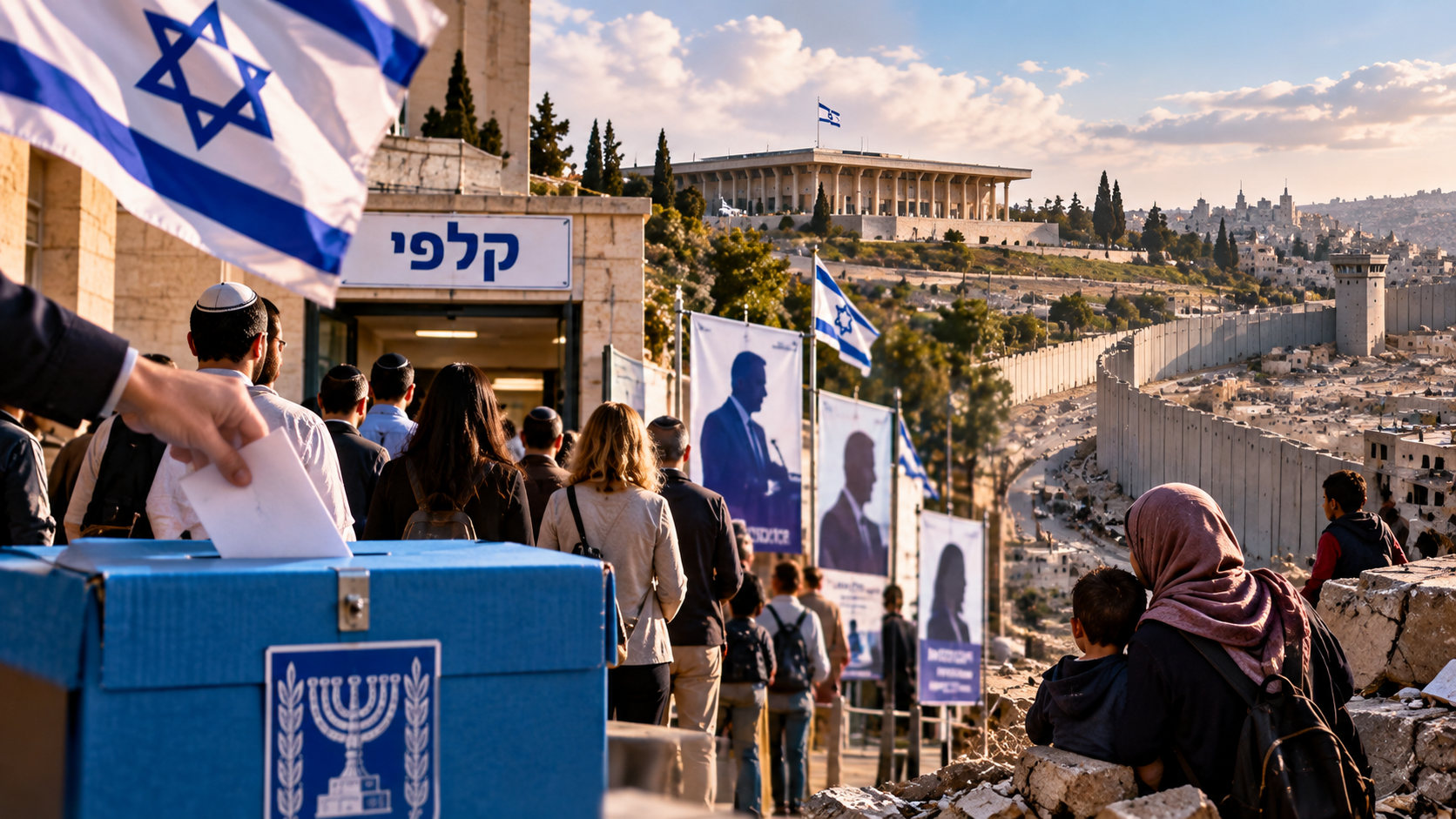 AI-generated illustration of Israeli voters approaching a polling station near a separation barrier and Palestinian families